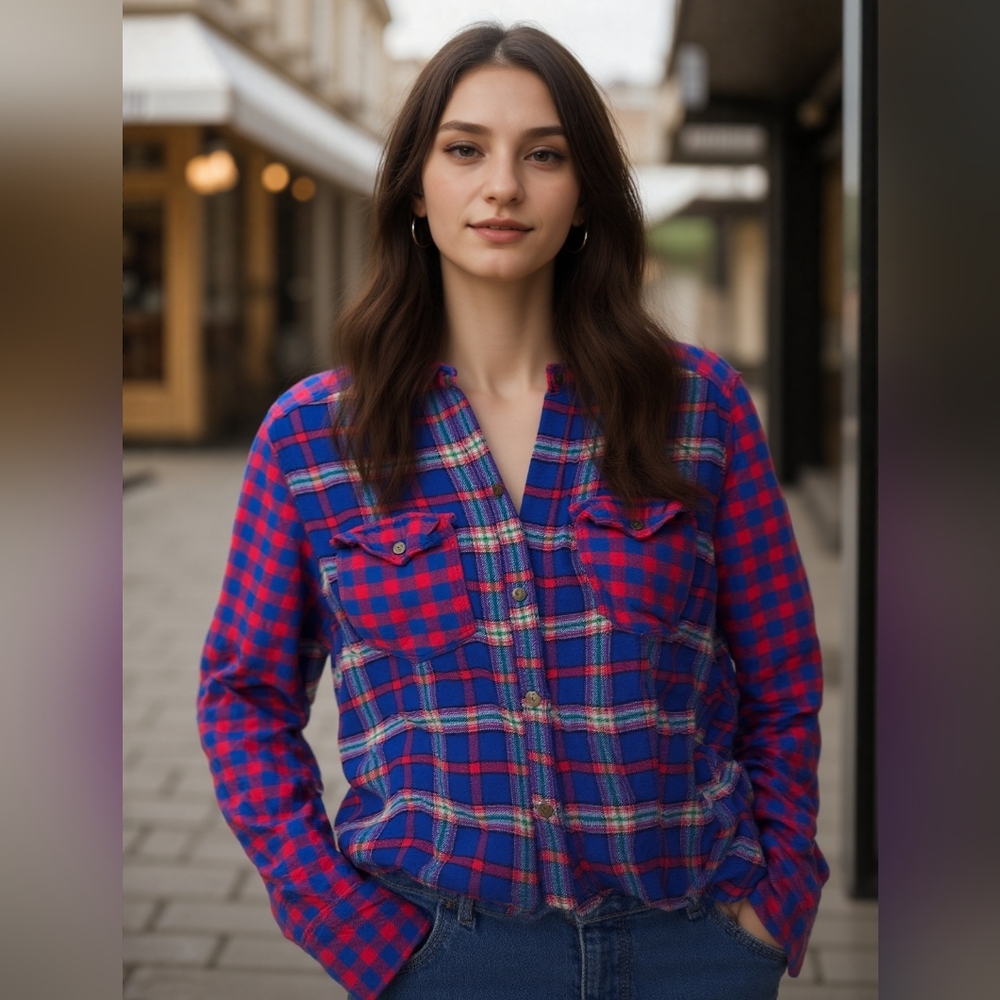 Abercrombie & Fitch Women's Plaid Flannel Shirt Medium Blue Red Y2K Moose Icon
